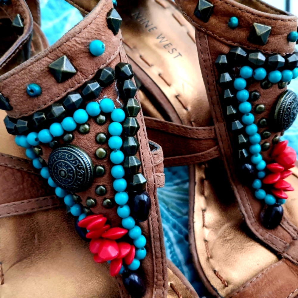 NINE WEST heels brown/rust suede boho ethnic tribal - 7